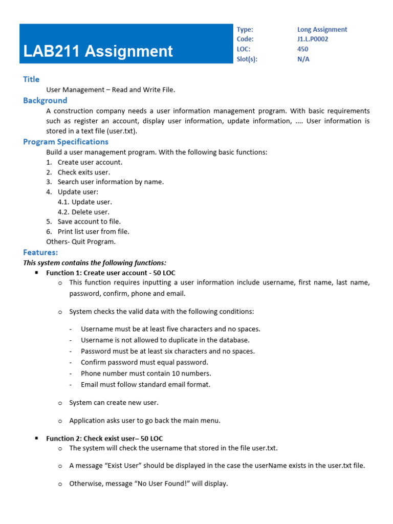 User Management Program Specifications | PDF | User (Computing ...