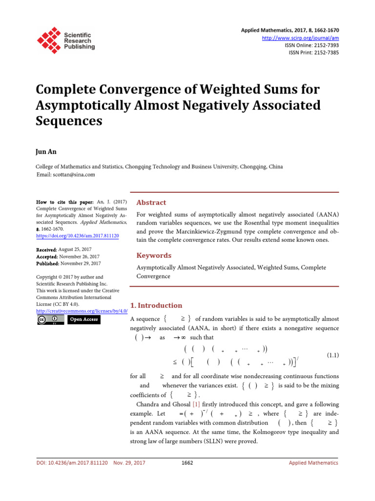 Complete Convergence of Weighted Sums For | PDF | Limit (Mathematics ...