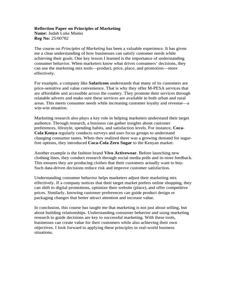 Reflection Paper On Principles of Marketing | PDF | Marketing ...