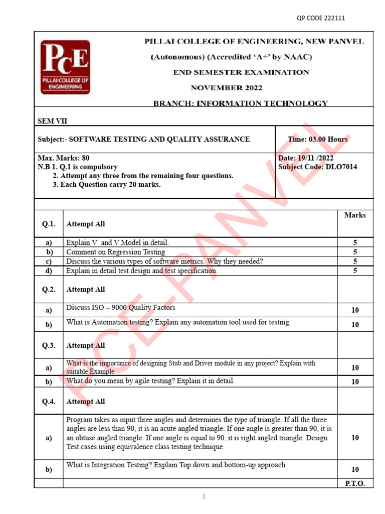 STQA SEMVII DLO7014 BEIT 80 Marks Paper NOV22 - Set2 | PDF | Triangle ...