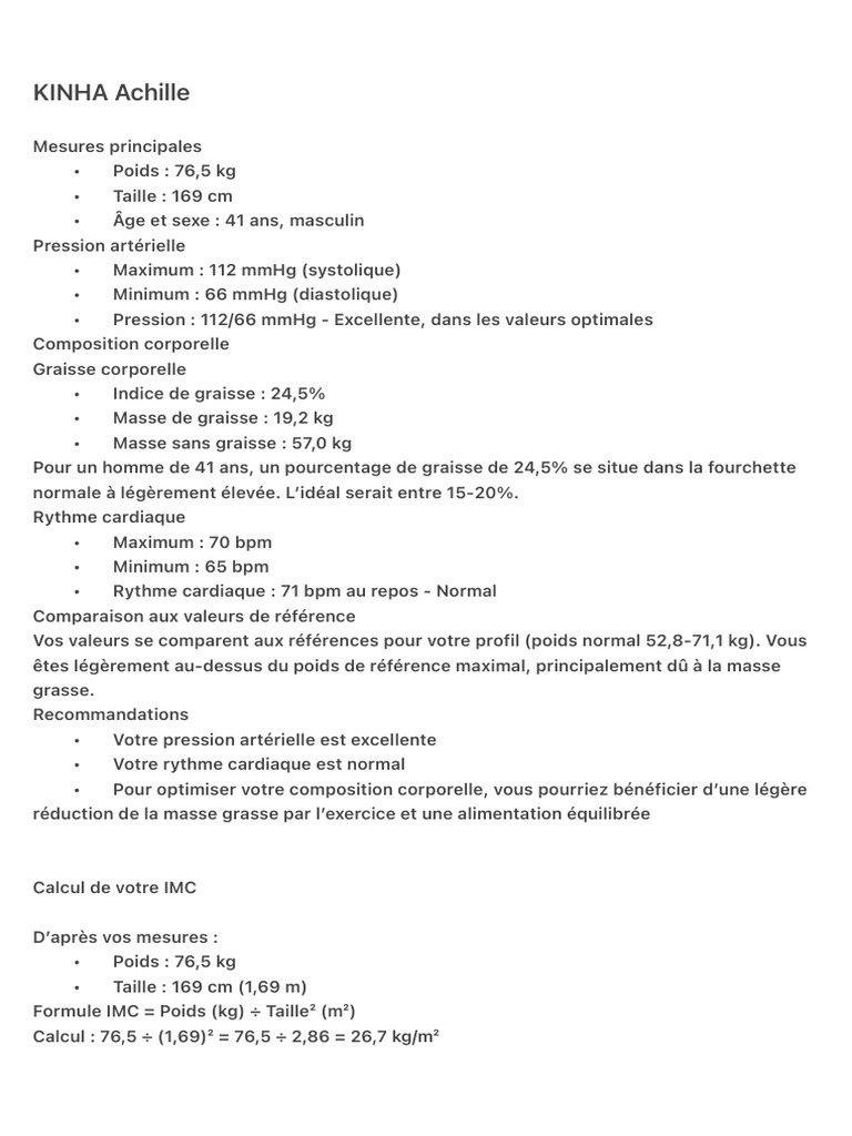Évaluation santé d'Achille Kinha à 41 ans | PDF | Indice de masse ...