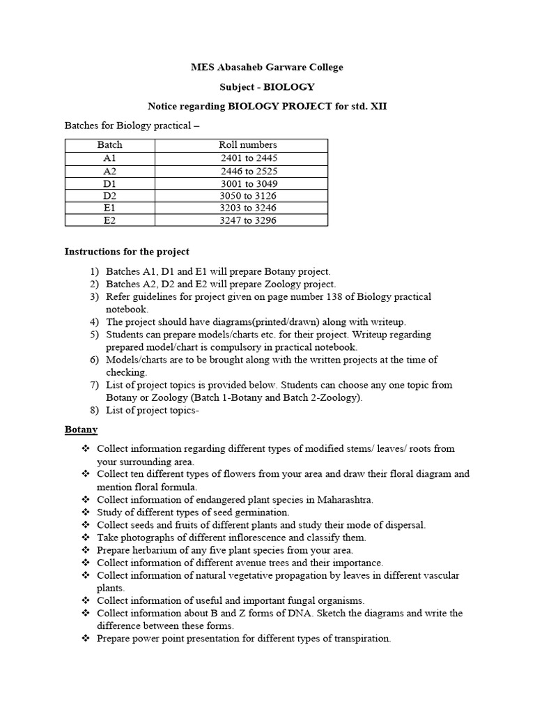 Class 12 Biology Project Guidelines | PDF | Flowers | Plants