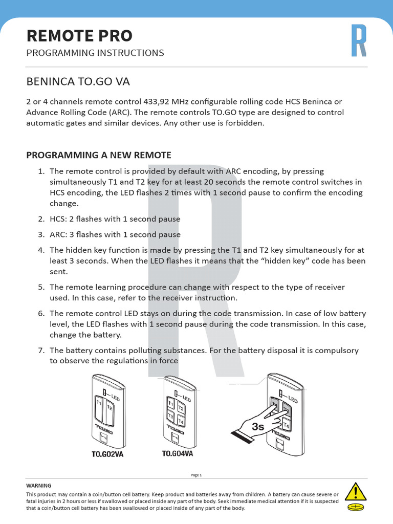Beninca Remote Control Programming Guide | PDF