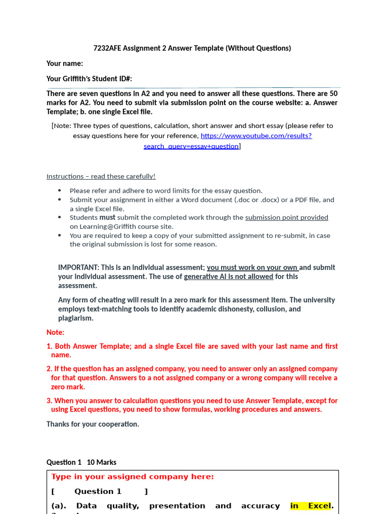 Assignment 2 Answer Template Guide | PDF | Microsoft Excel