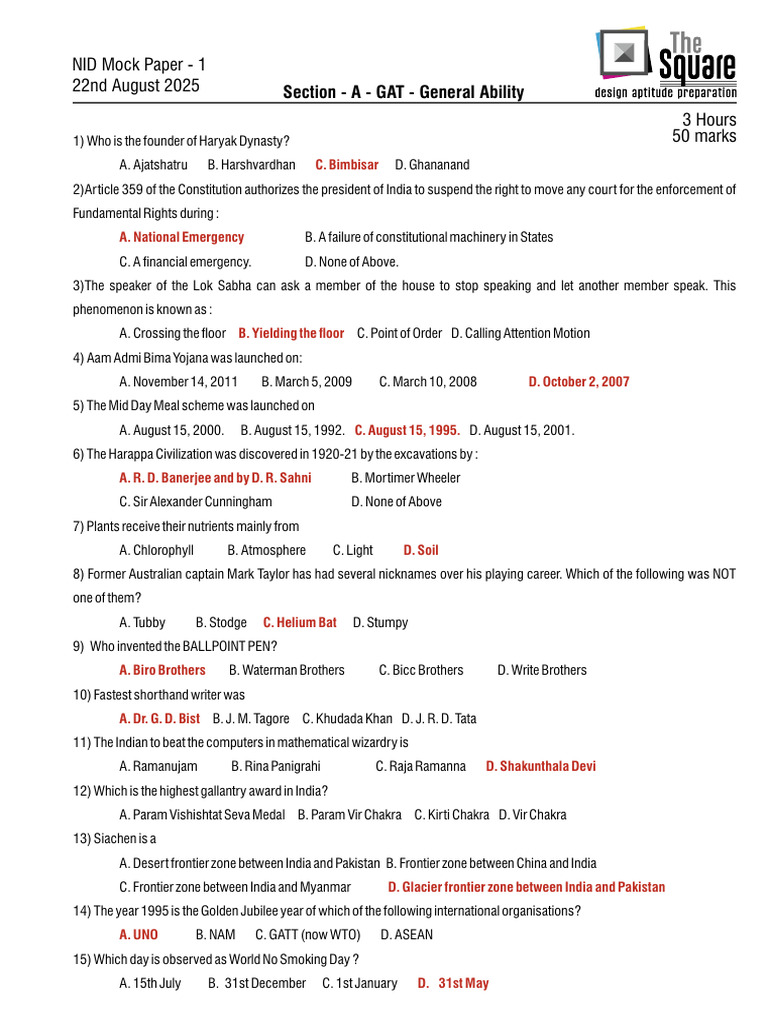 NID Mock Paper 2025 B - Answers | PDF
