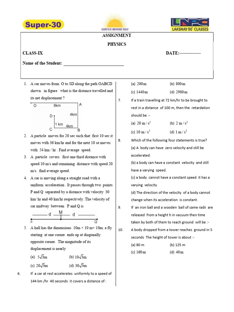 Class IX Physics Assignment | PDF | Speed | Acceleration