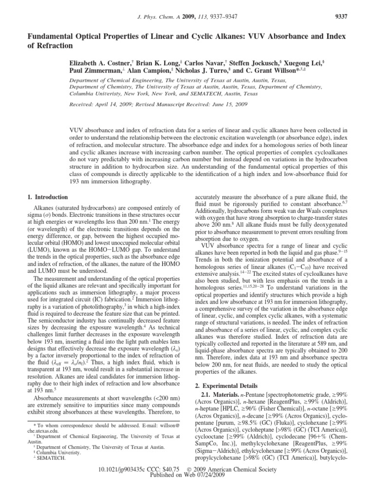 Absorbance and Index of Refraction PDF Alkane Refractive Index