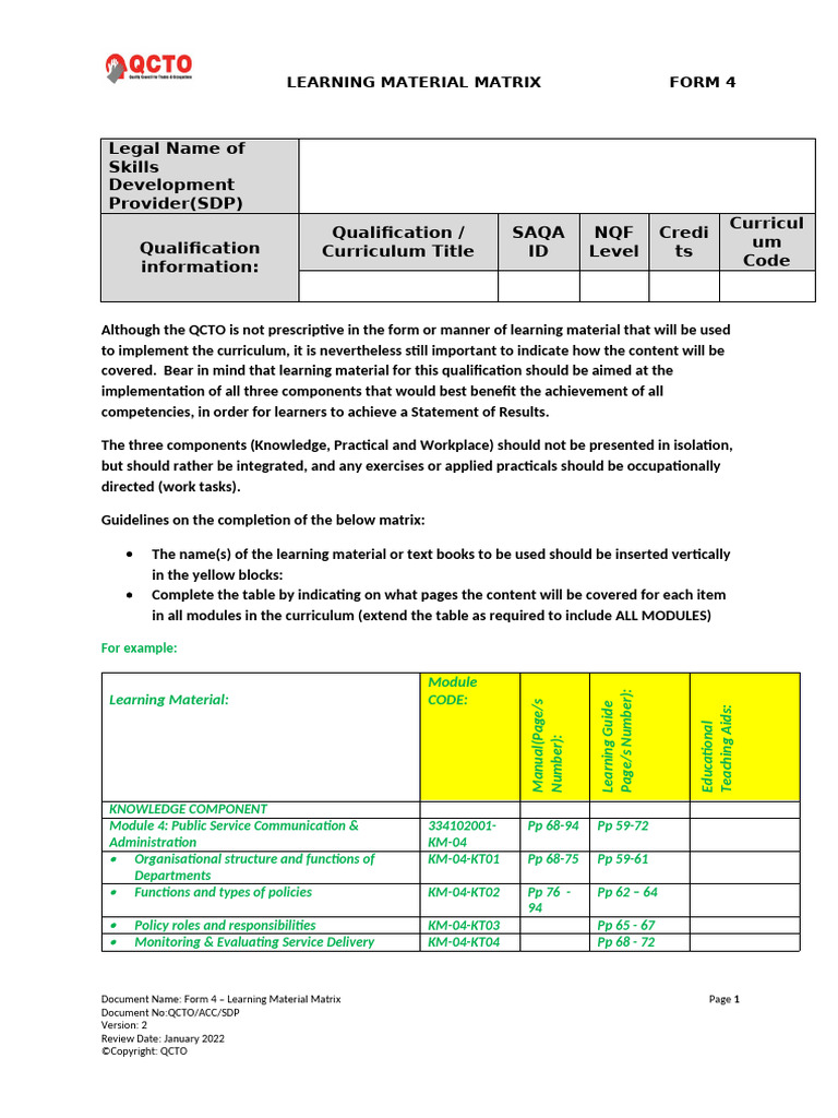 QCTO Learning Material Matrix Guide | PDF | Curriculum | Cognition