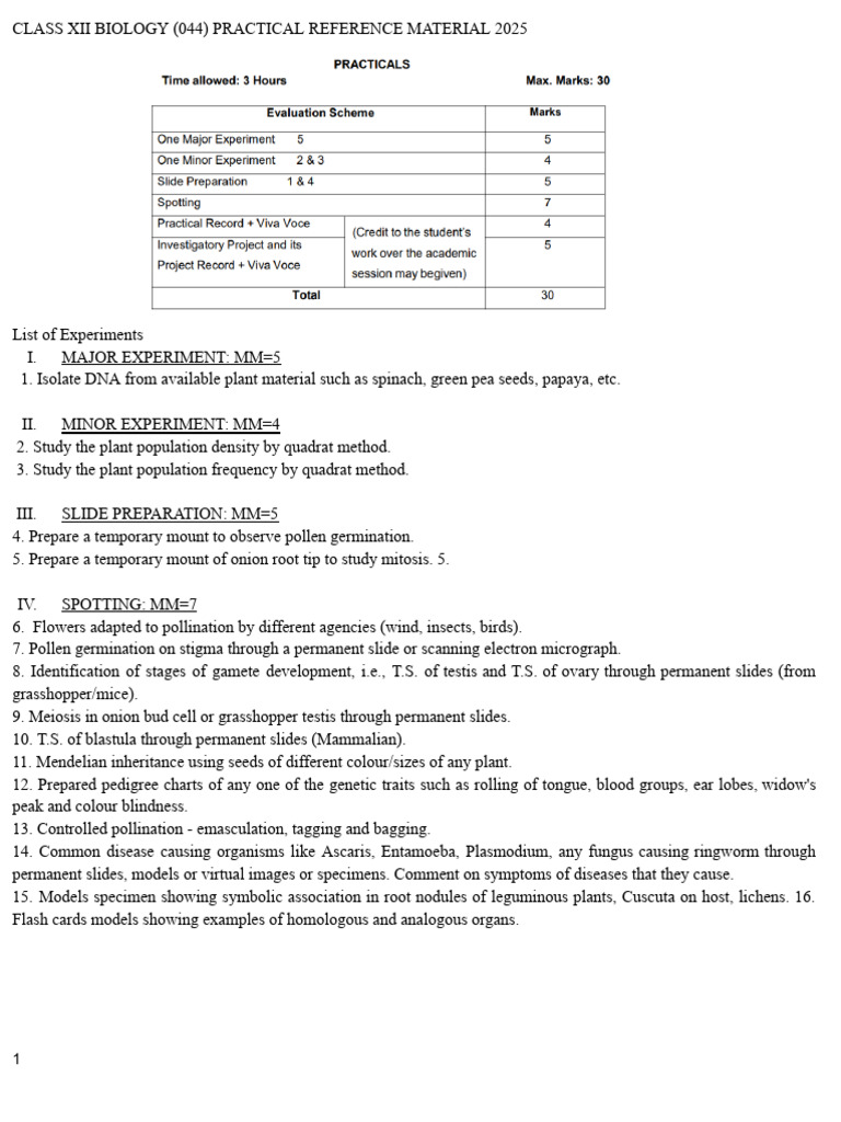 Class XII Biology Practical Guide 2025 | PDF | Meiosis | Nucleotides