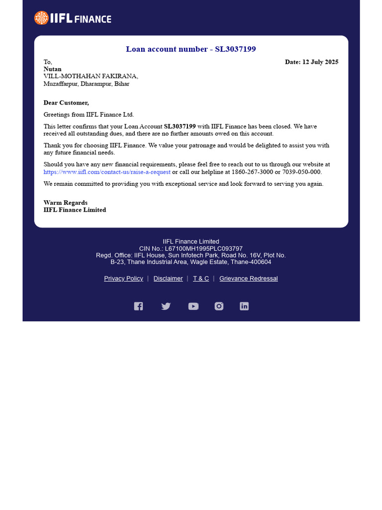 Loan Account Closure Confirmation Letter | PDF