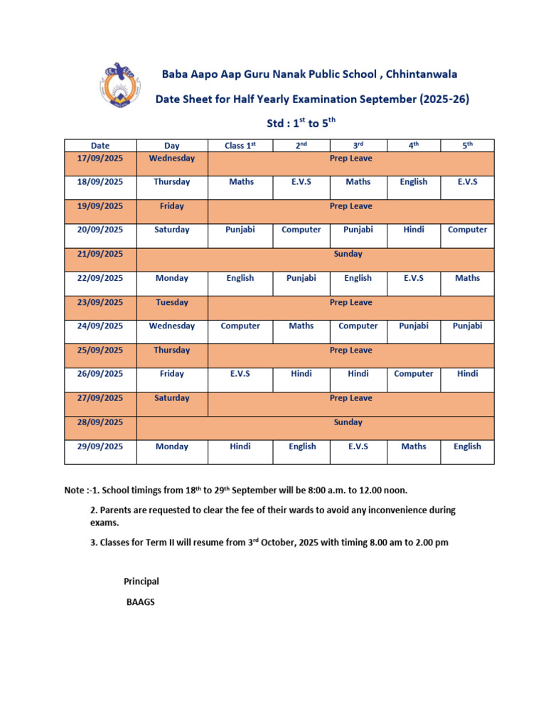 Datesheet of Half Yearly Examination For Class 1st To 5th | PDF