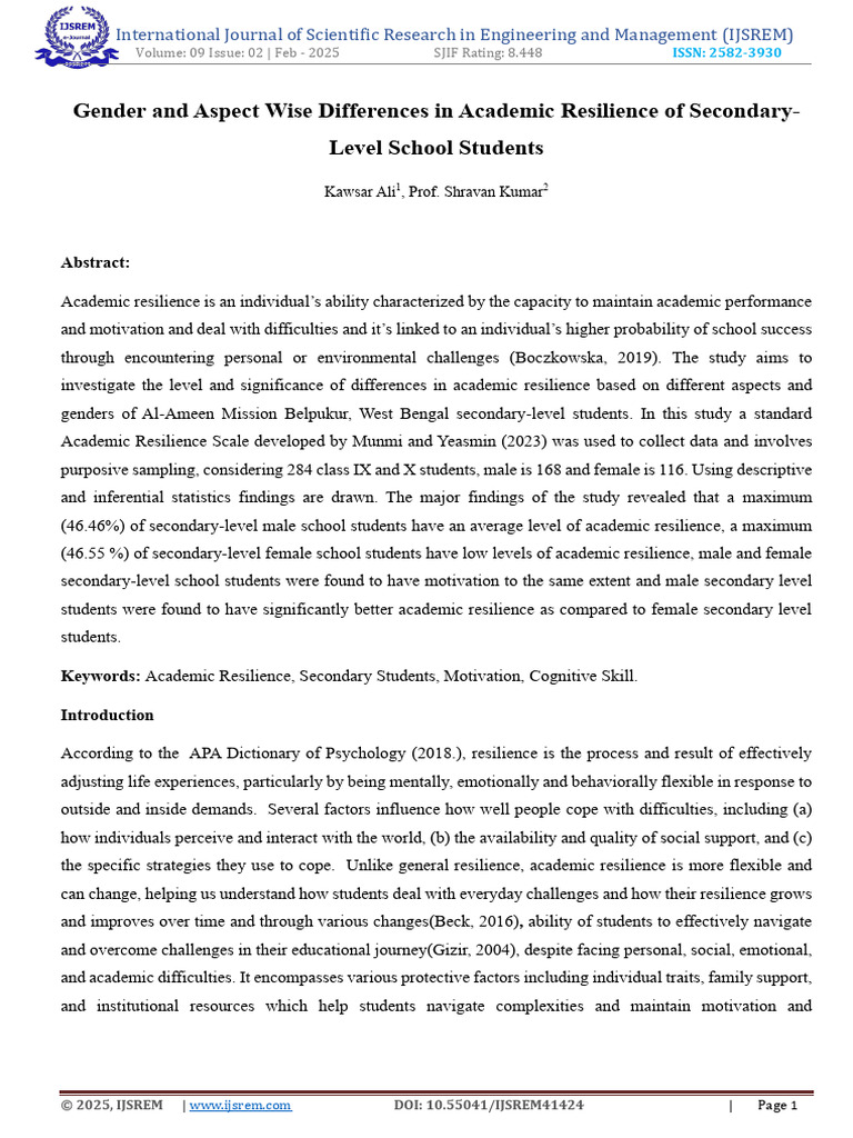 Gender and Aspect Wise Differences in Academic Resilience of Secondary ...