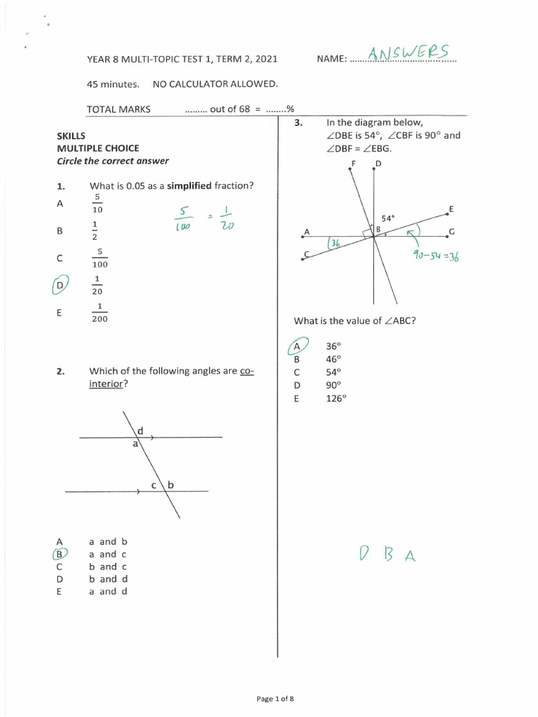 2021 Year 8 MTT1 Solution | PDF | Euclid | Length