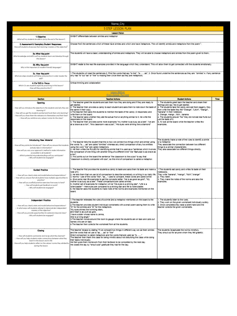 Similes vs. Metaphors Lesson Plan | PDF | Metaphor | Learning