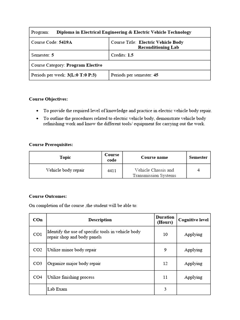 Electric Vehicle Body Repair Lab Course | PDF | Motor Vehicle | Vehicles