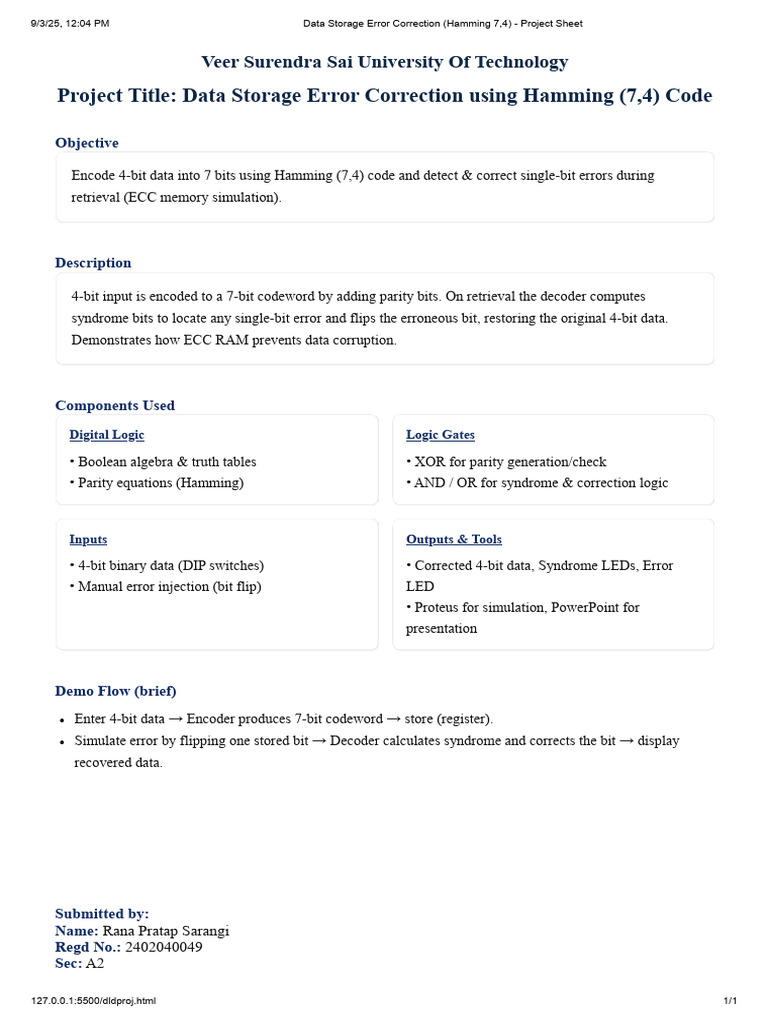 Hamming Code Error Correction Project | PDF