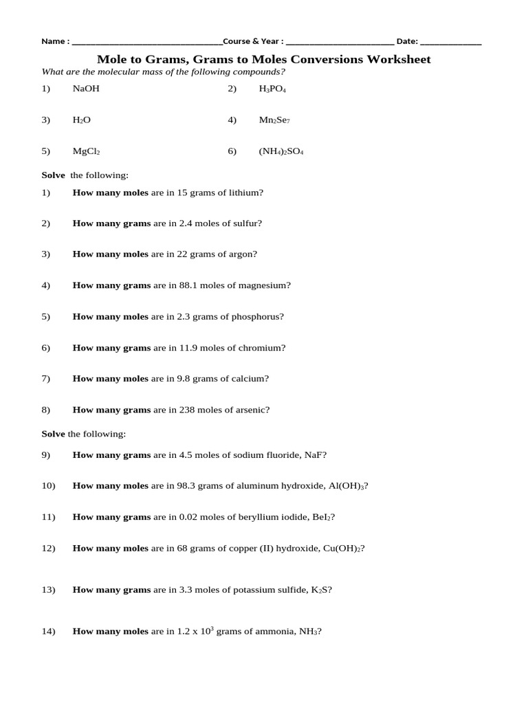 Worksheet 1 Mole Concept | PDF
