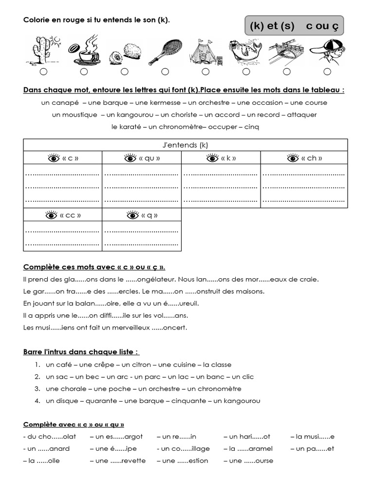 Activités sur le son (k) en français | PDF