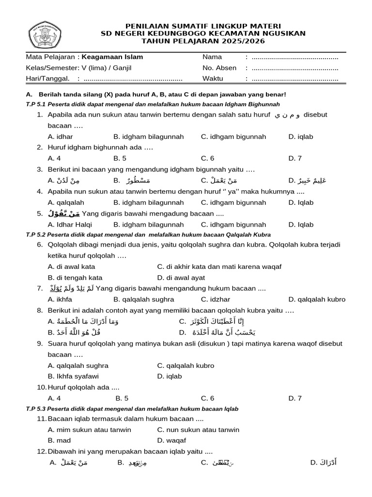 PSLM Ganjil MKI Kelas 5 2025-2026 | PDF