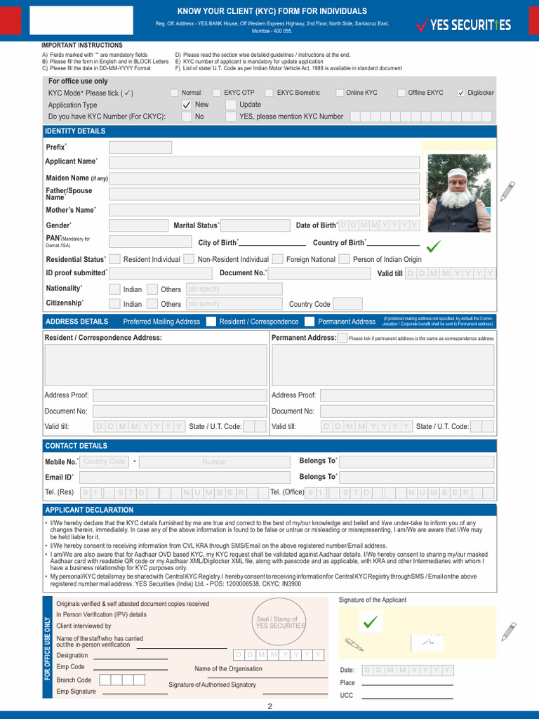 KYC Application Form for YES Securities | PDF | Identity Document | Privacy