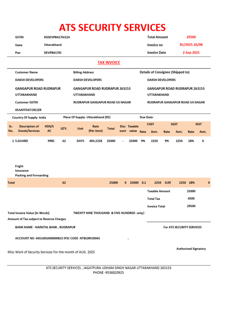GST Invoice for Security Services - August 2025 | PDF | Government | Trade