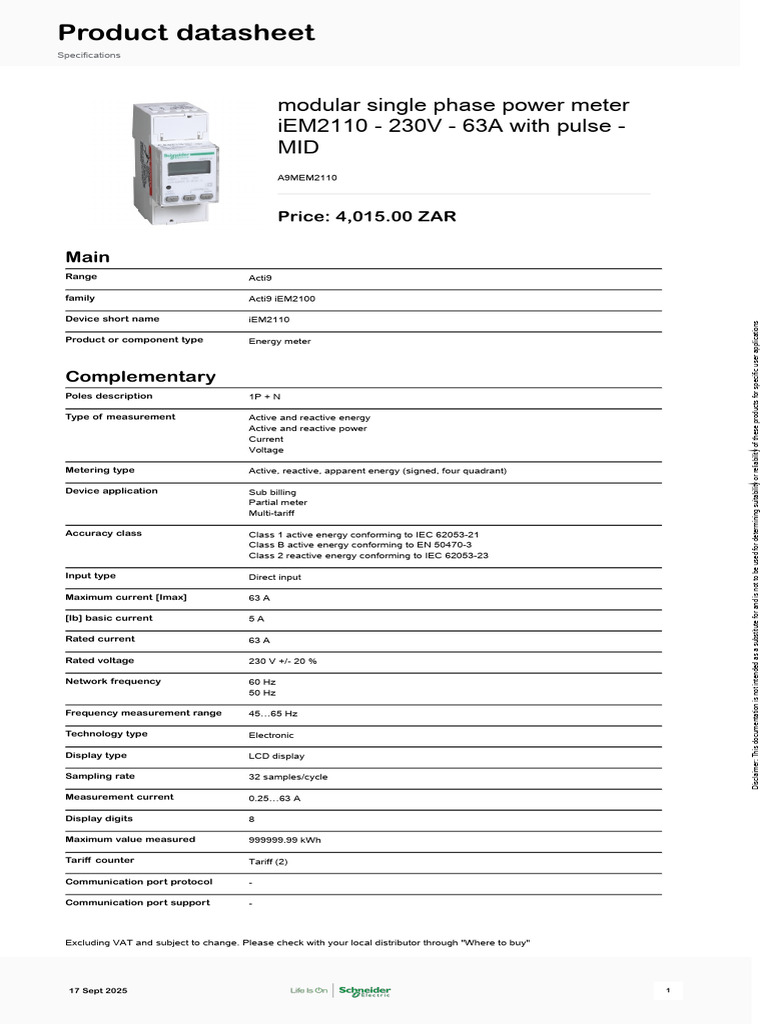 Modular Single Phase Power Meter iEM2110 | PDF | Alternating Current ...