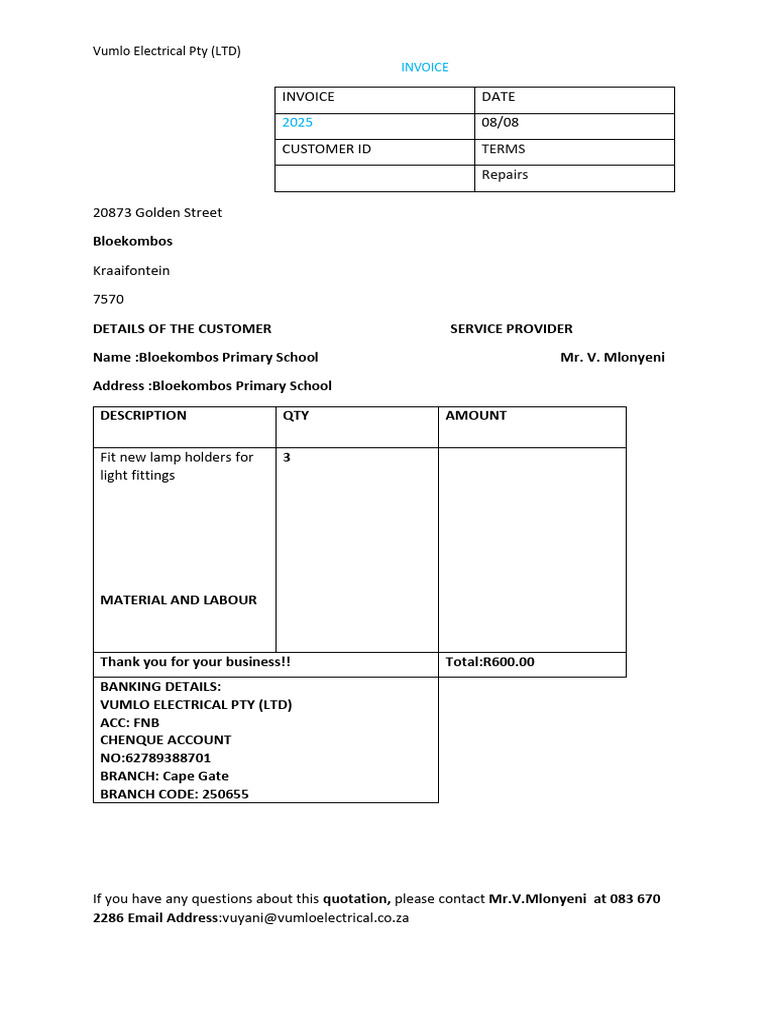 Vumlo Electrical Invoice for Lamp Installation | PDF