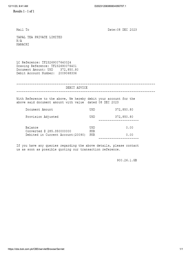 Debit Advice LC No. TF2326900764 Retirement DT 08.12.2023 | PDF