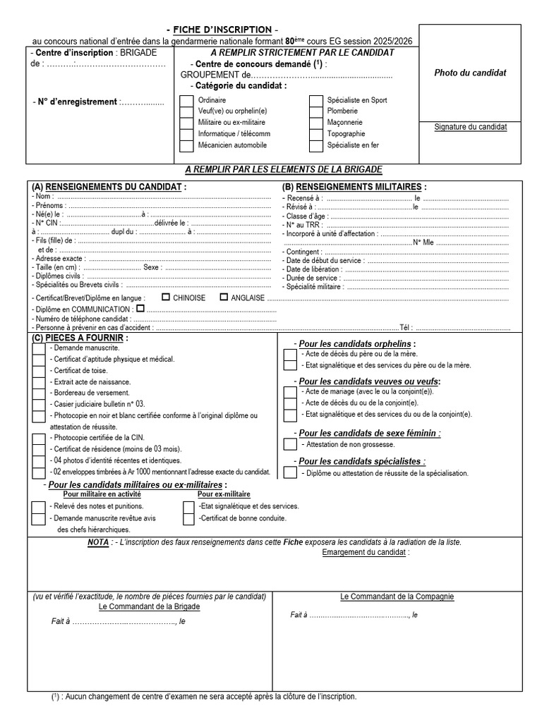 Dossier d'inscription concours gendarmerie 2025 | PDF