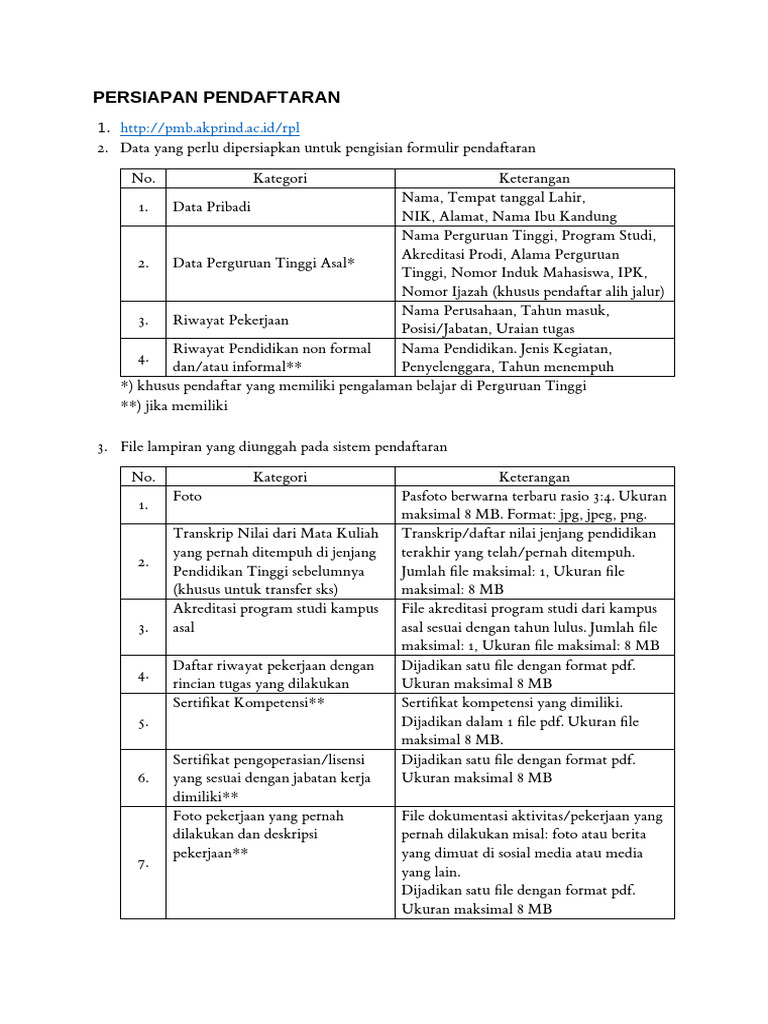 Panduan Pendaftaran RPL AKPRIND Yogyakarta | PDF