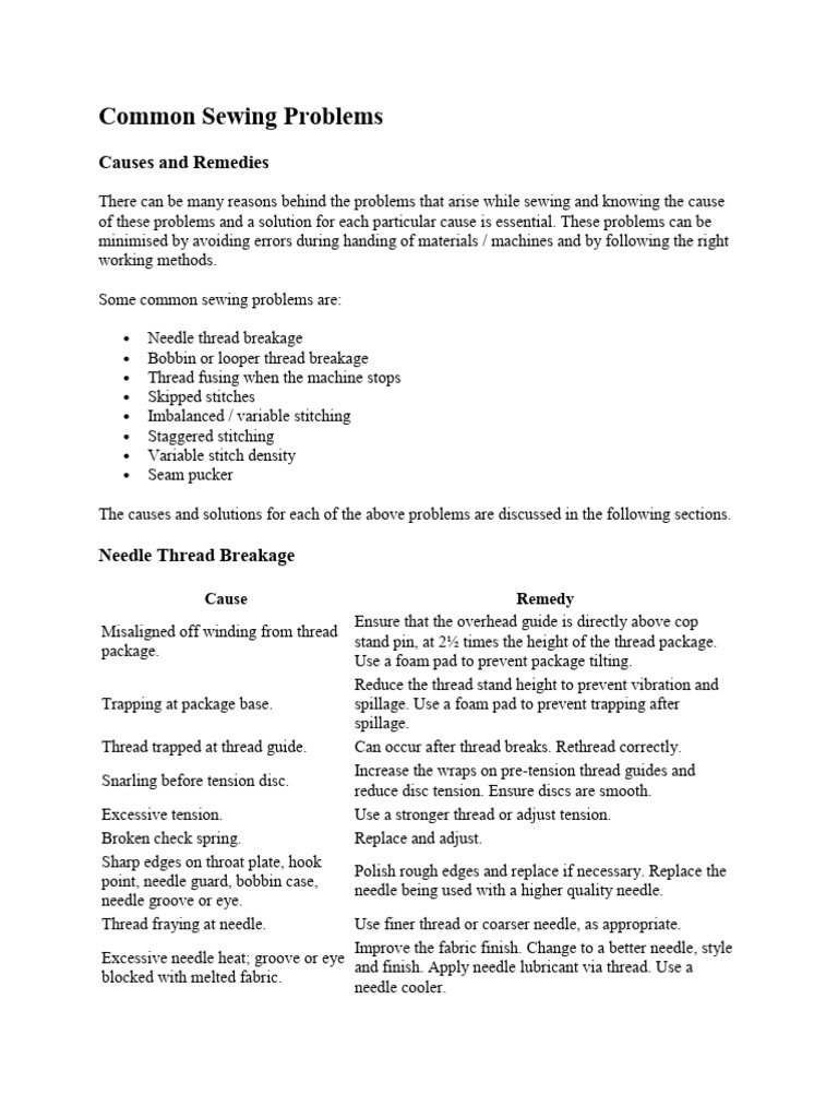 Common Sewing Problems and Remedies | PDF | Sewing Machine | Textile Arts