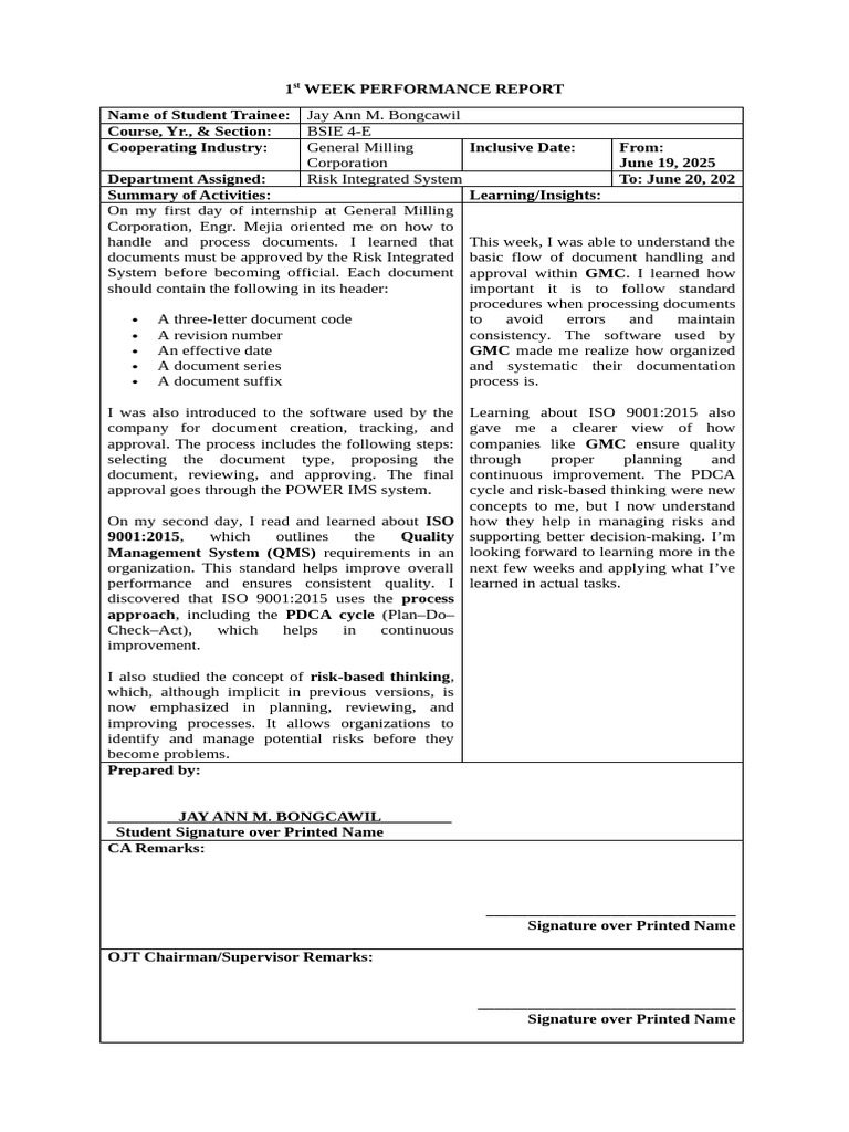1st Week Performance Report | PDF | Quality Management System