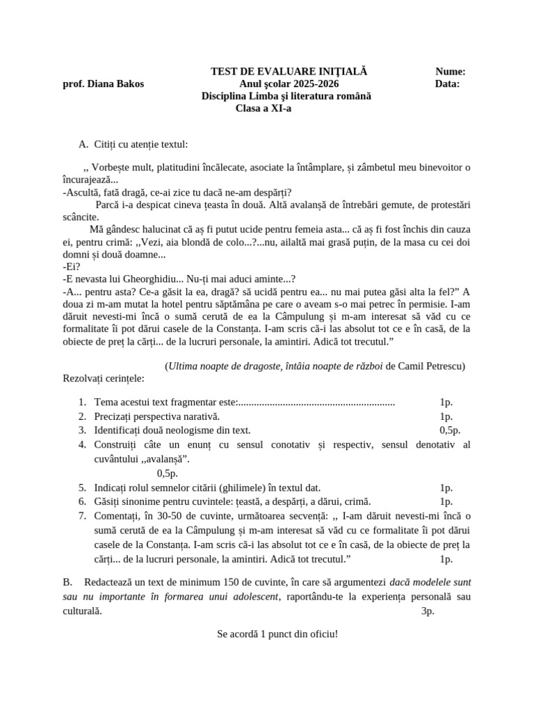 1 Test de Evaluare Initiala Clasa A Xia | PDF