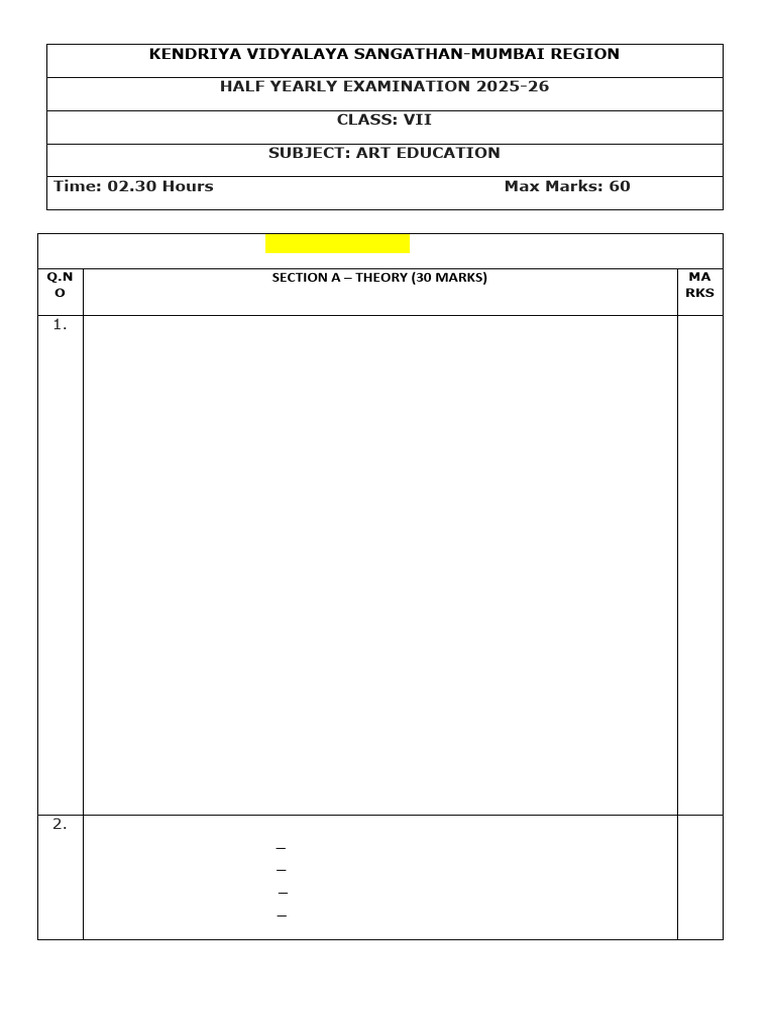 Class 7 Art Edu HY Sample Que Paper 2025-26 | PDF