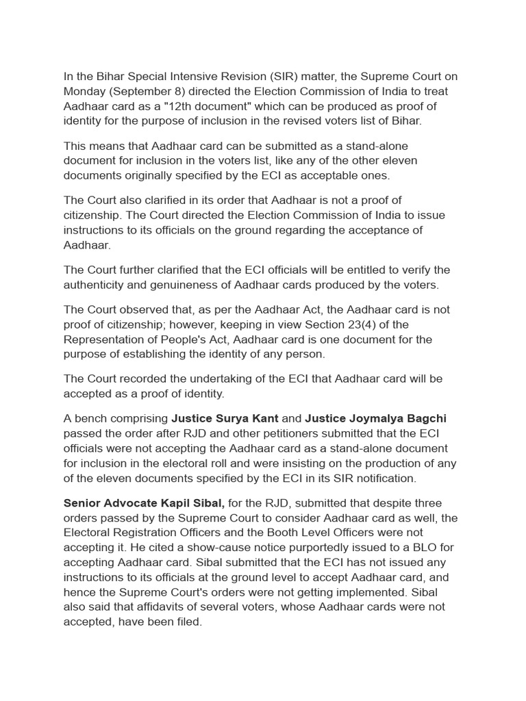 Aadhaar as 12th Document for Bihar Elections | PDF | Justice | Crime ...