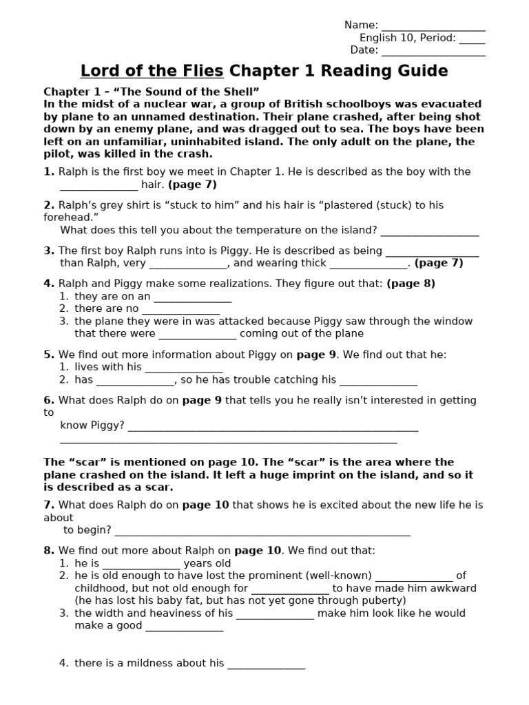 Lord of Flies - CH - 1 Reading WKSHT | PDF