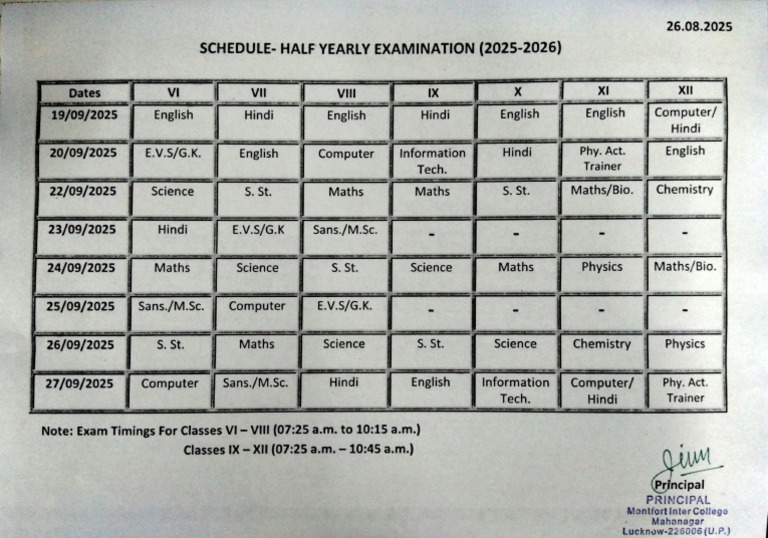 Half Yearly Exam Schedule 2025-2026 | PDF