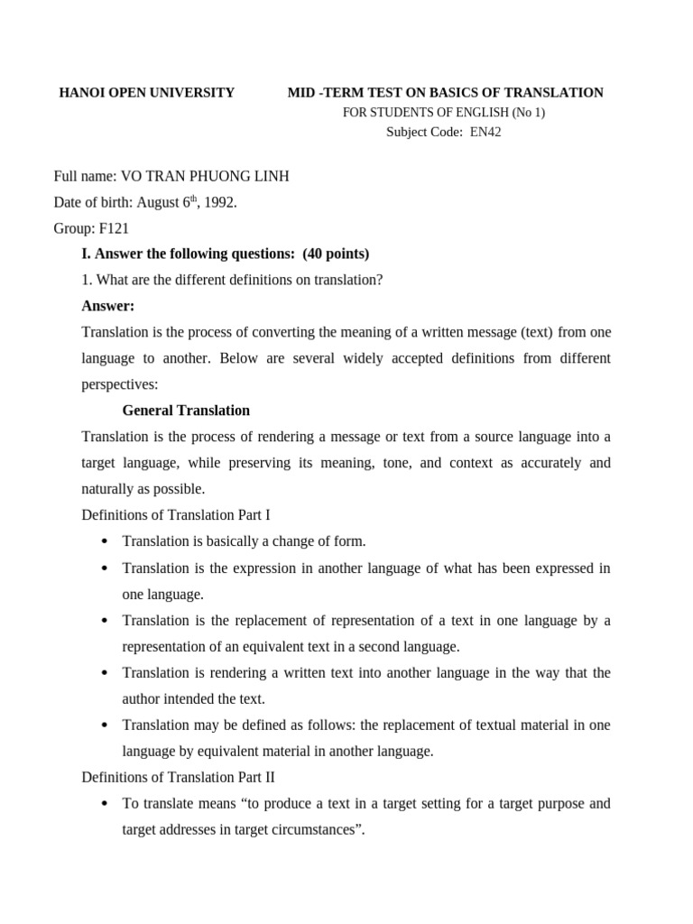 Mid-Term Test on Translation Basics | PDF | Translations | Linguistics