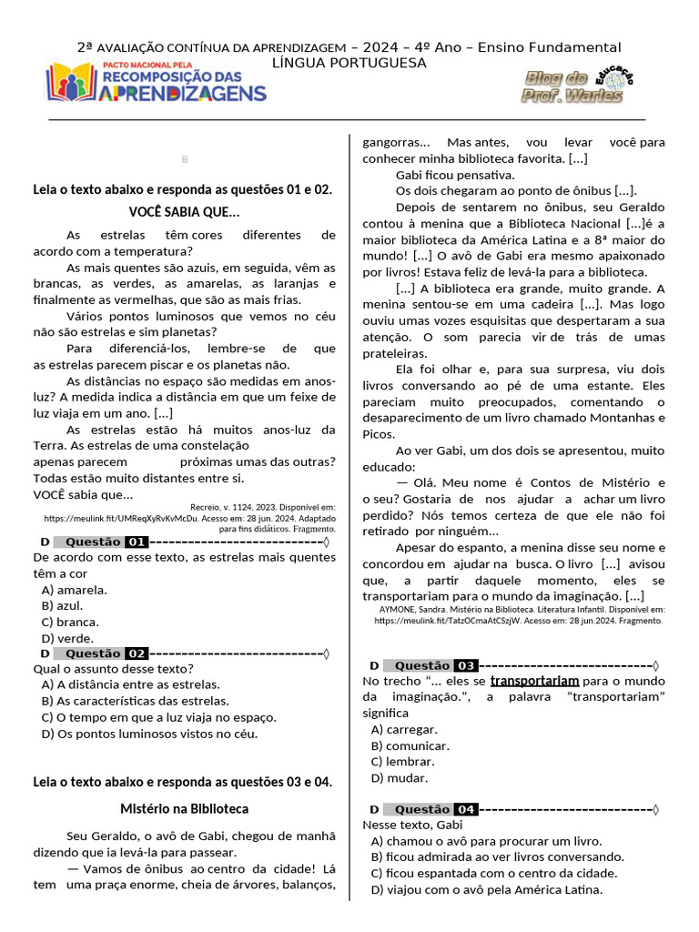 Avaliação de Língua Portuguesa 4º Ano | PDF | Estrelas | Céu