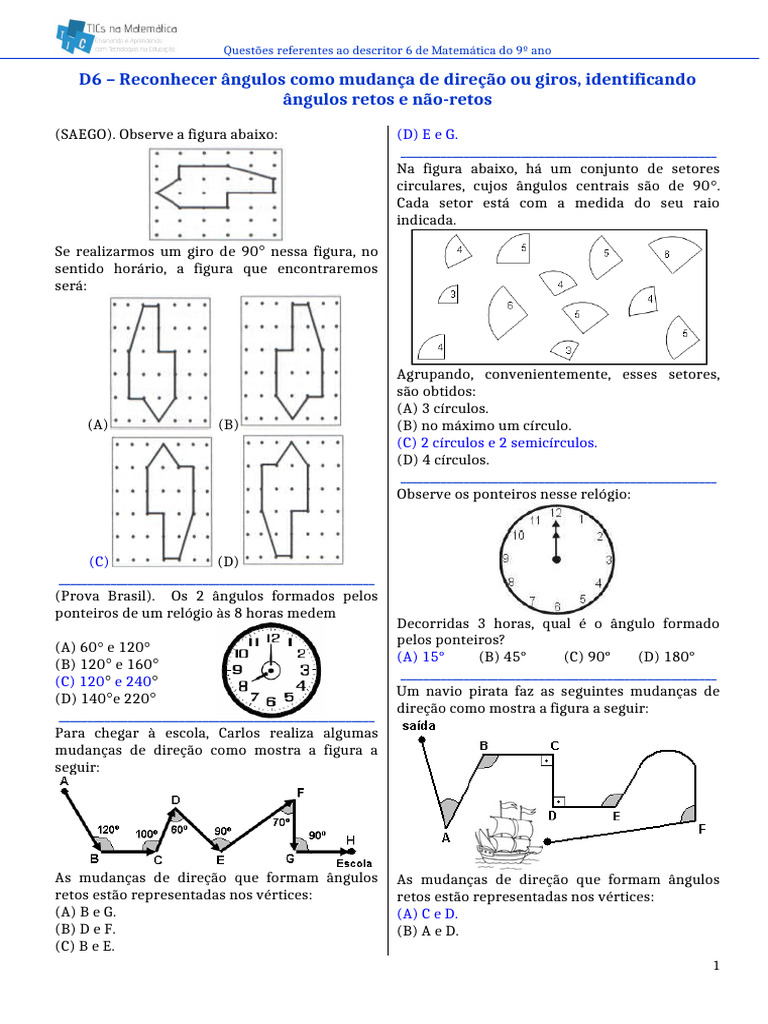 Questões sobre Ângulos no 9º Ano | PDF | Ângulo | Geometria Euclidiana