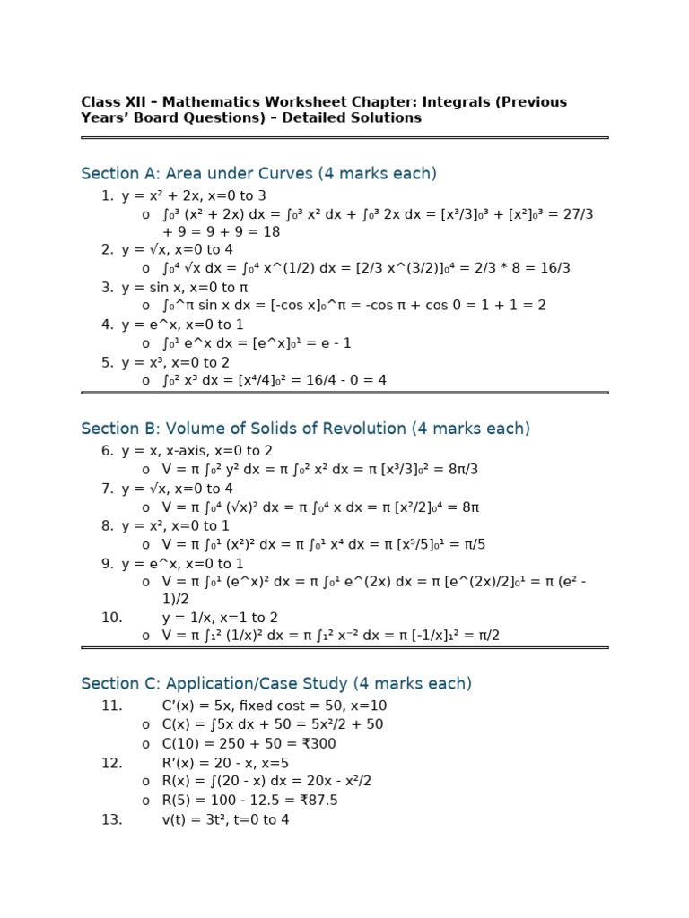 Class Xii Integrals Prev Board | PDF