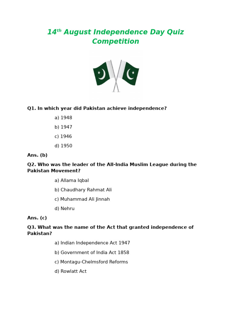 Independence Day Quiz Competition | PDF | Pakistan | Muhammad Ali Jinnah