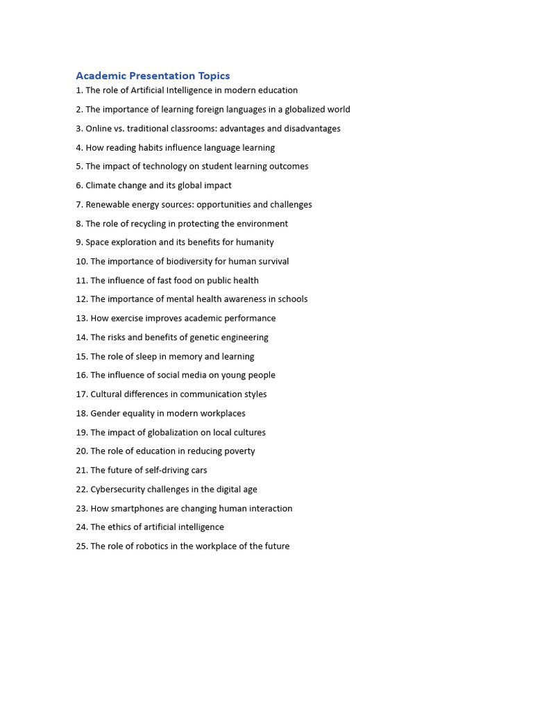 Engaging Academic Presentation Topics | PDF | Learning | Cognition