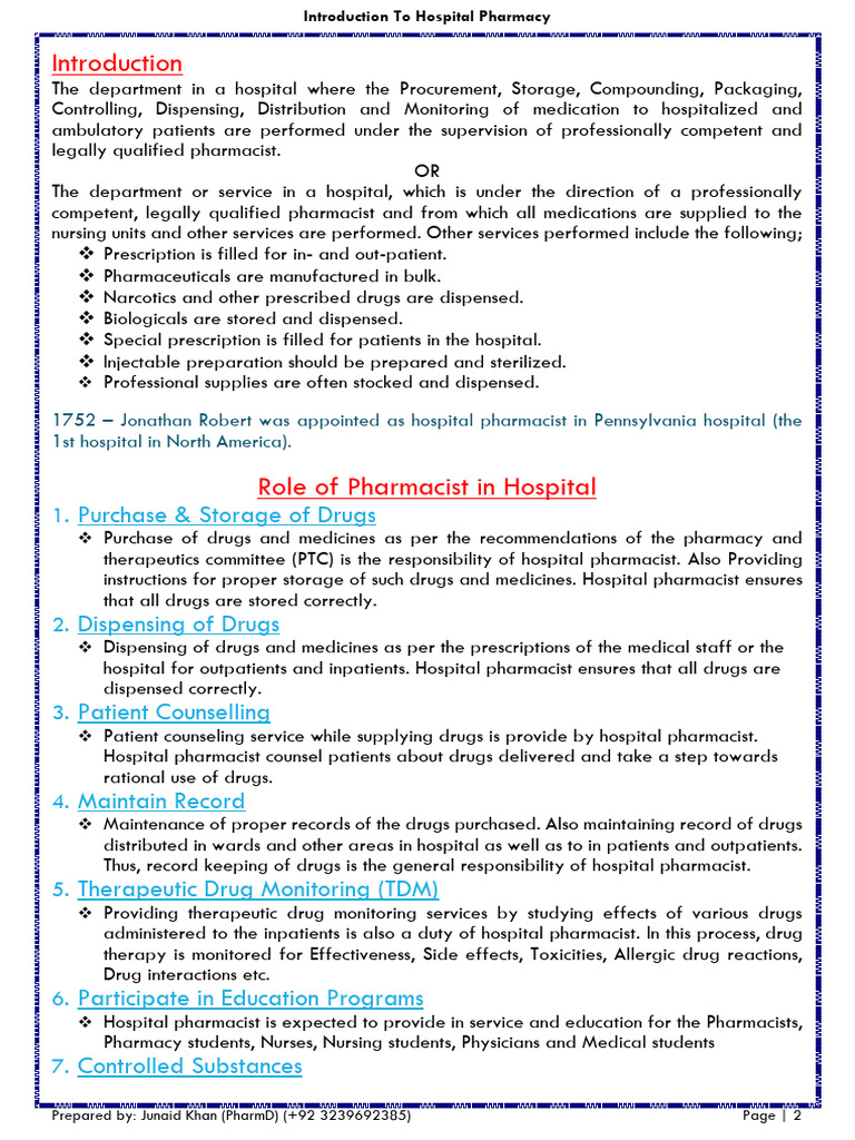 Hospital Pharmacy Roles and Standards | PDF | Pharmacy | Medical ...