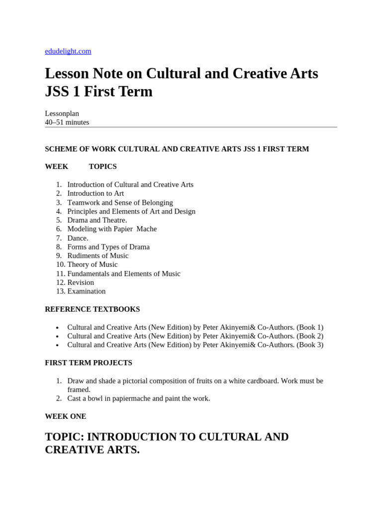 JSS 1 Cultural and Creative Arts Lesson Plan | PDF | Dances | Clef