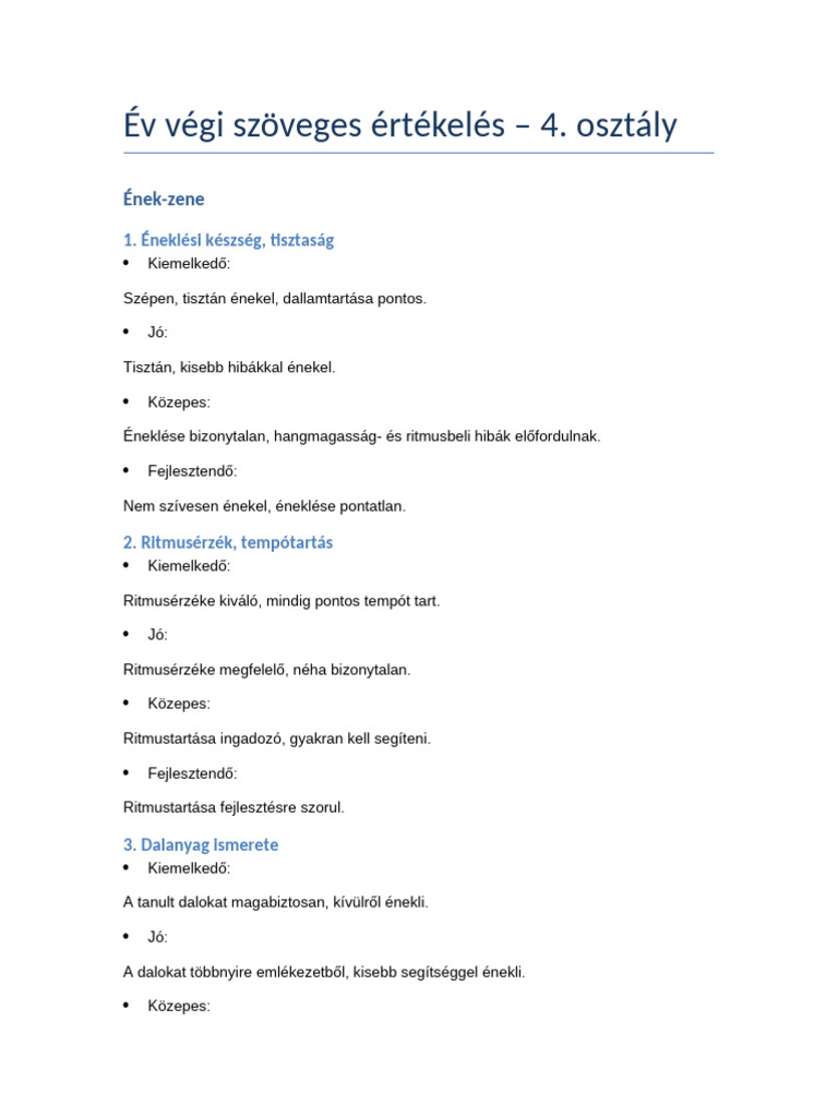 Ének-Zene Értékelés 4.osztály | PDF