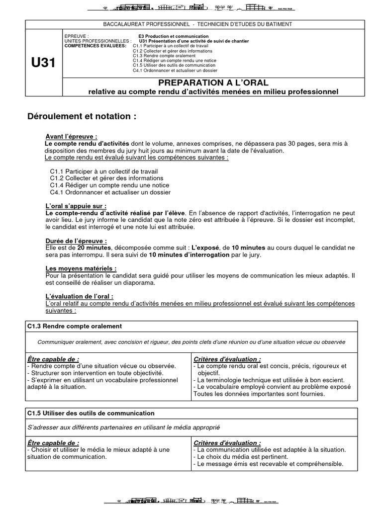 Épreuve E3 BAC PRO TB2E : Oral et Compte Rendu | PDF