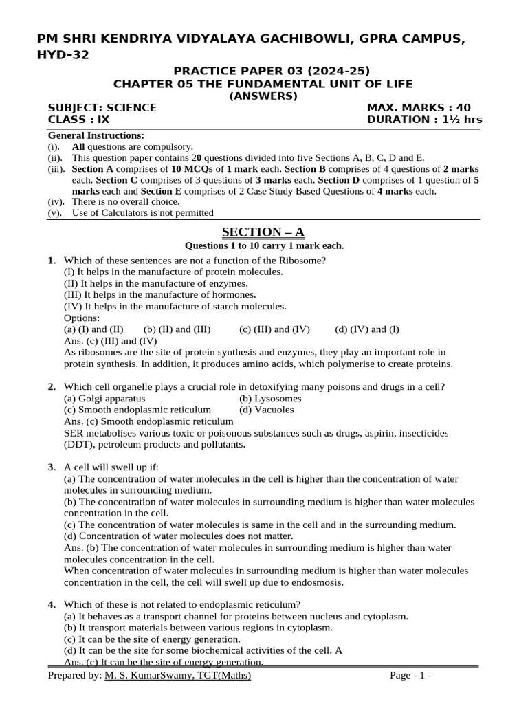 Science Class Ix Chapter 05 The Fundamental Unit of Life Practice Paper ...
