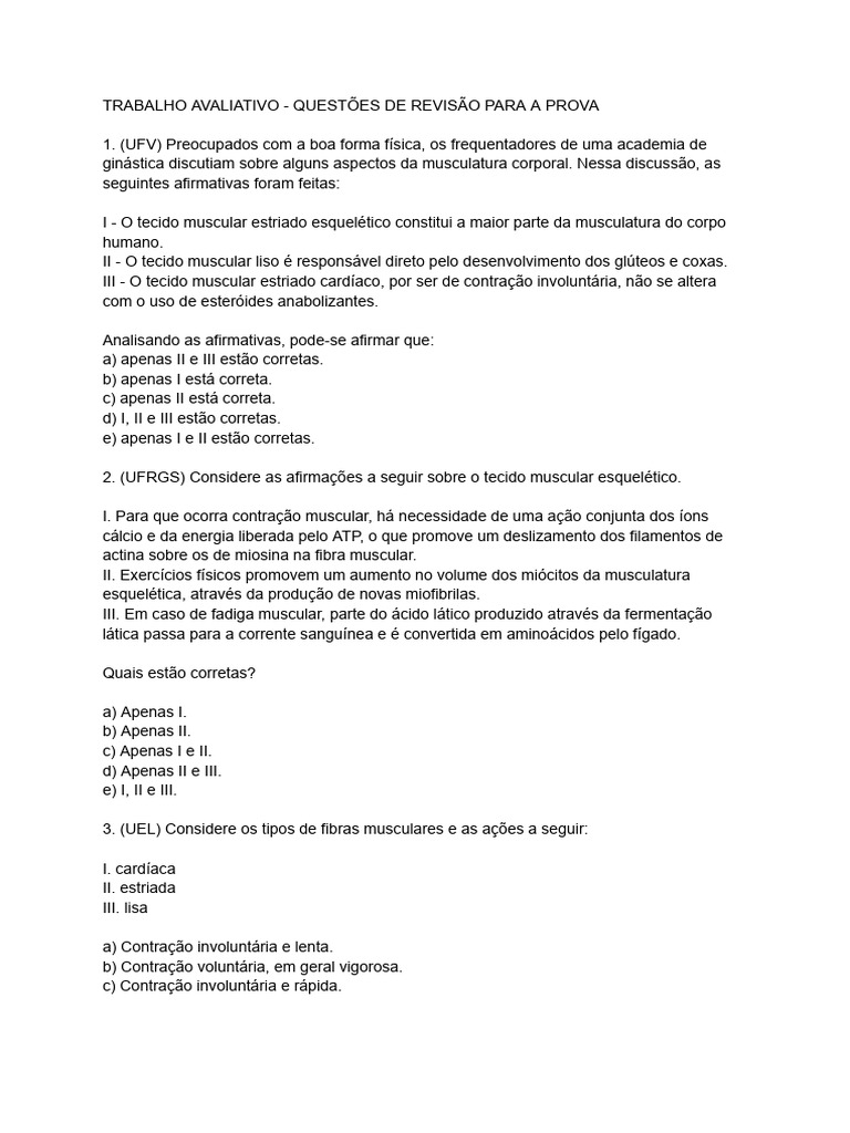 Questões de Revisão sobre Tecido Muscular | PDF | Músculo | Metabolismo