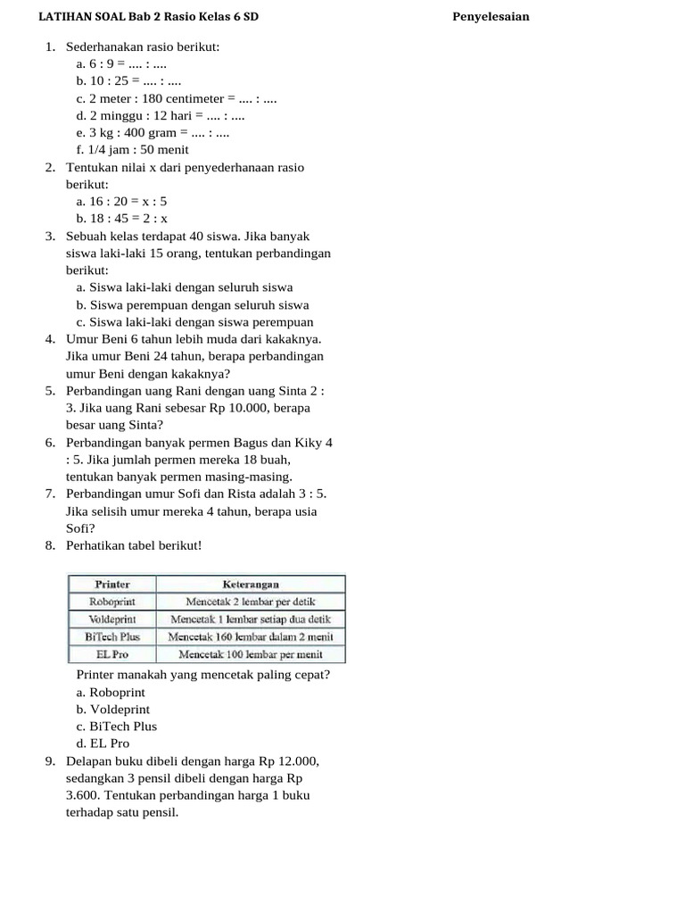 Latihan Soal Rasio Kelas 6 SD | PDF